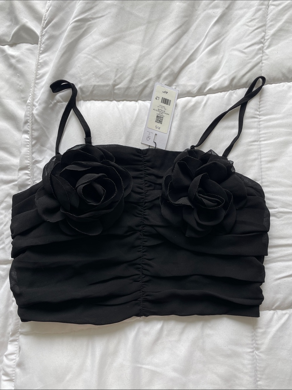 Dynamite Black Floral Appliqué Ruched Crop Cami Top
